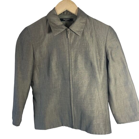 Tahari Petite Taupe Grey Woven Front Zip Rayon/Linen Blend Jacket Sz 2P - Picture 1 of 6